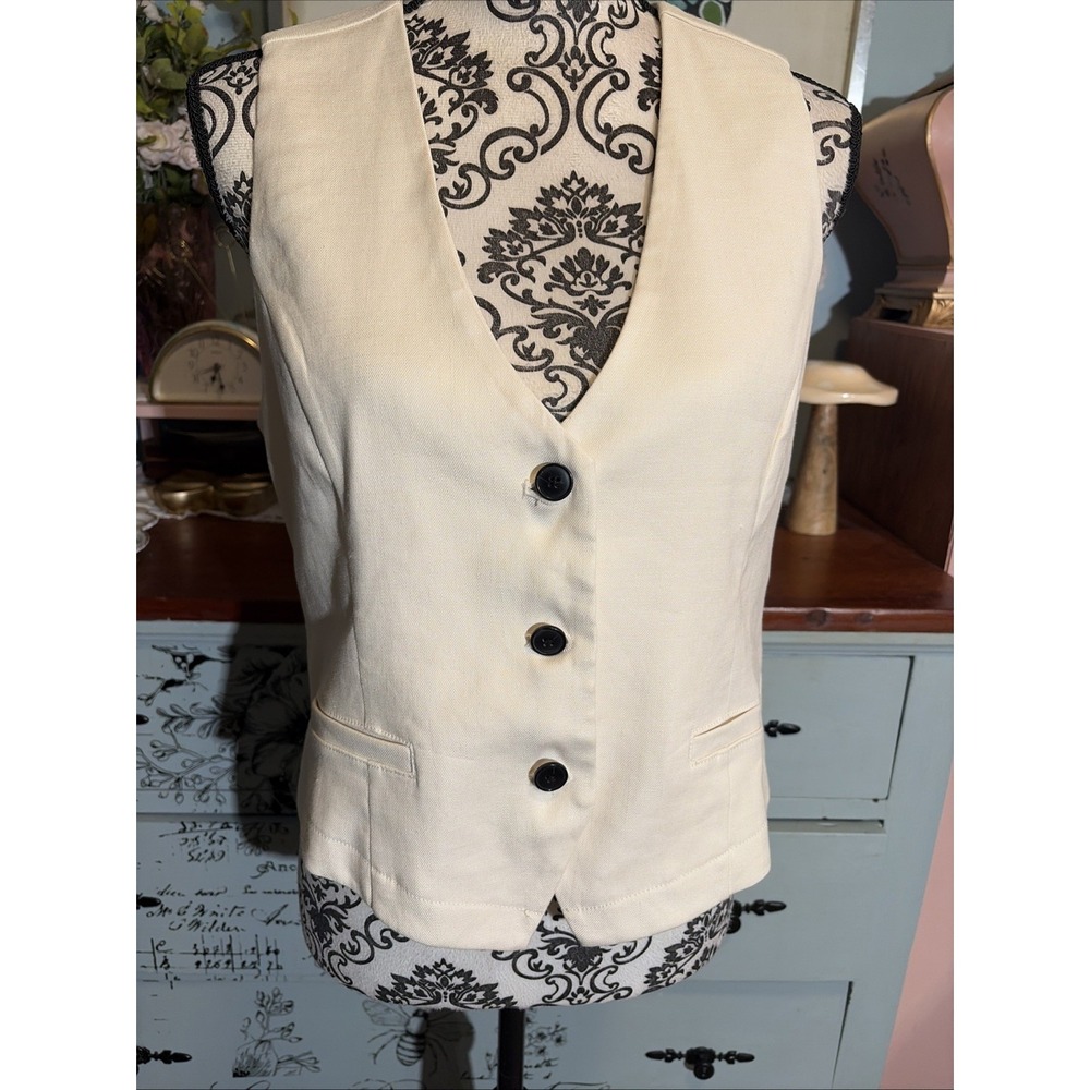 Maeve Anthropologie Vest Women Medium Cream Linen Blend Button Front V-Neck NWT